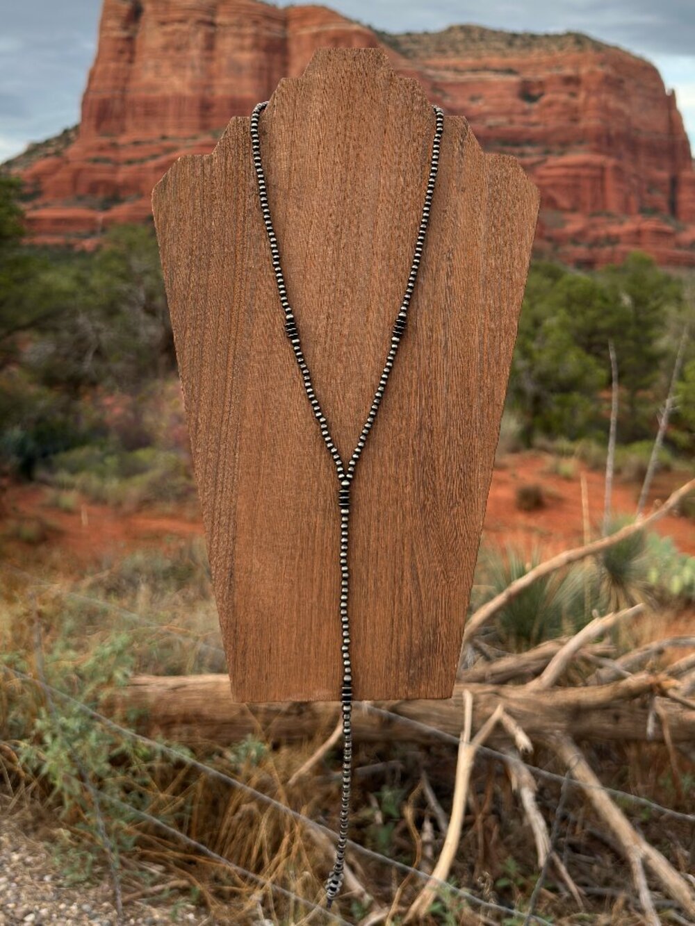 Handmade Triple Saucer Brushed Steel Western Pearl Lariat Necklace 20 inch
